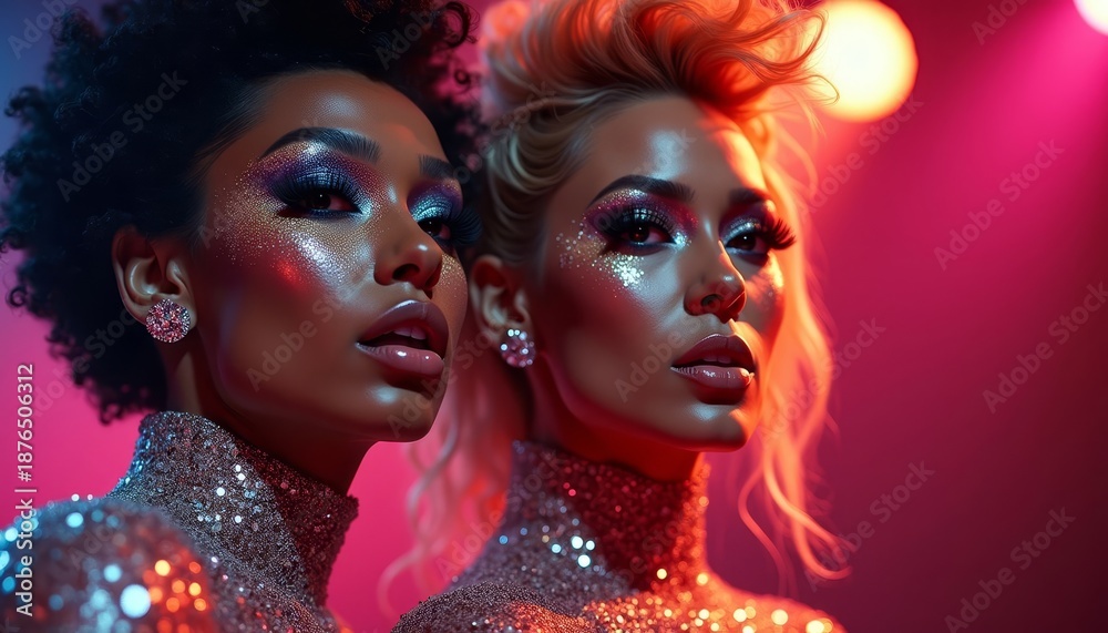 Obraz premium Two glamorous women posing with vibrant makeup under colorful lights 