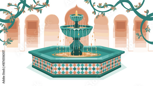 A colorful illustration of a fountain in a courtyard with a decorative tile base and arched background