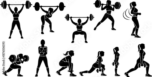 Woman weightlifting silhouettes, Woman fitness exercise silhouettes