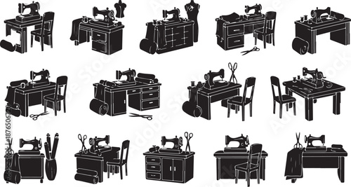 Various sewing machines and furniture in black illustrations set