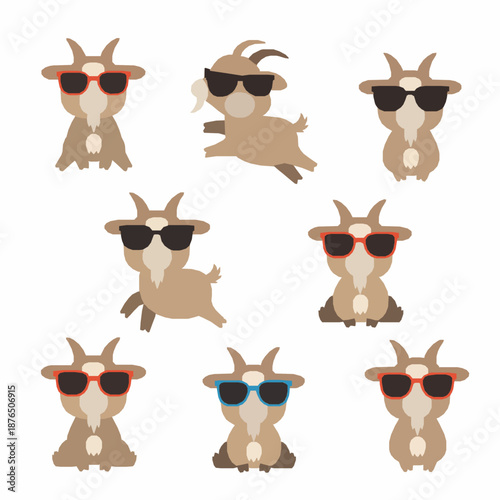 Cute funny goats with sunglasses vector illustration set isolated on white