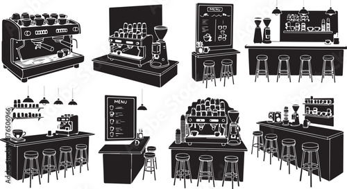 Black and white illustration of various coffee shop interiors