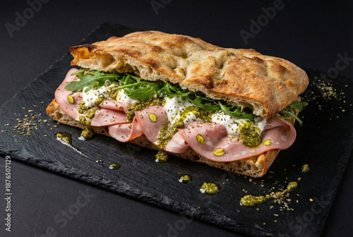 Italian mortadella focaccia sandwich with burrata, pistachios, arugula, and pesto on slate