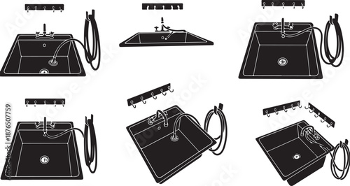 Black kitchen sink with faucet and accessories illustrations