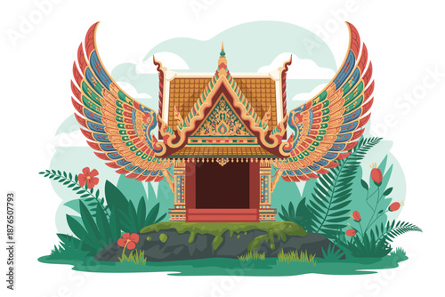 A colorful vector illustration of a Thai temple with large wings and surrounded by lush greenery and vibrant flowers.