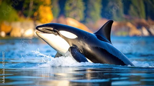 Orca whale breaching in blue ocean water, close-up, with coastal forest background