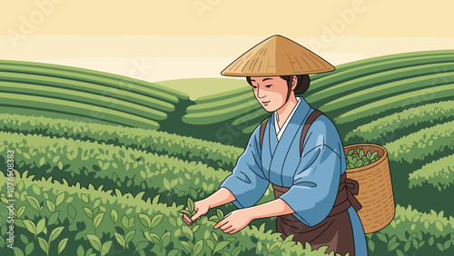 Japanese woman harvesting tea leaves in tea plantation, suitable for nature blogs and cultural education