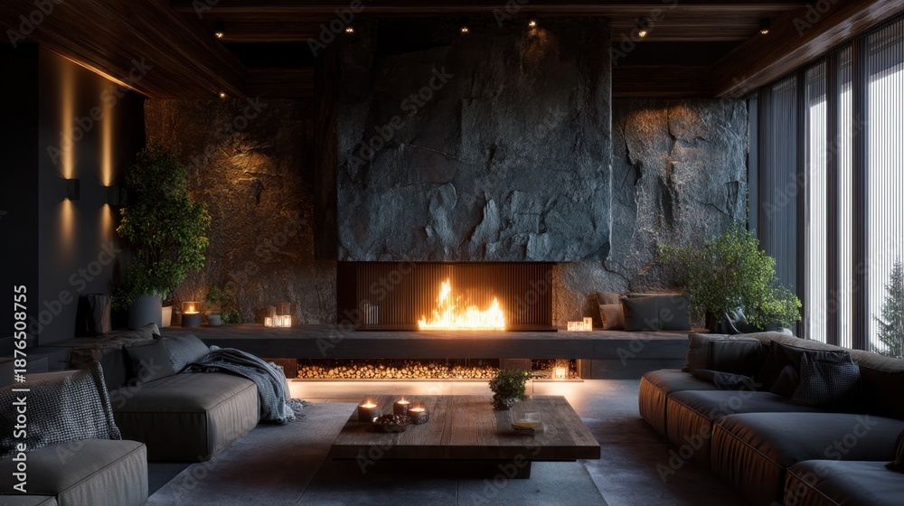 Naklejka premium Cozy modern living room with fireplace and comfort sofa. Contemporary interior design for relaxing and evening at home. Home decor.
