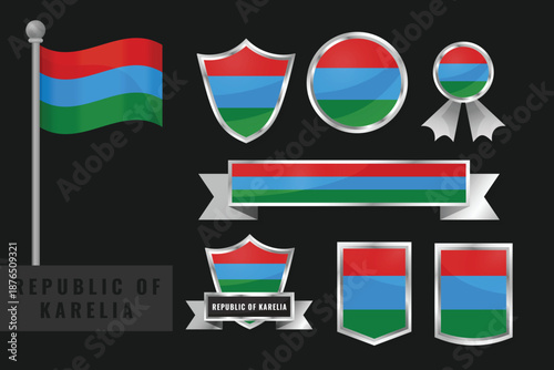 Republic of Karelia flag set. Collection of Republic of Karelia national emblems. Flat design of flags collection
