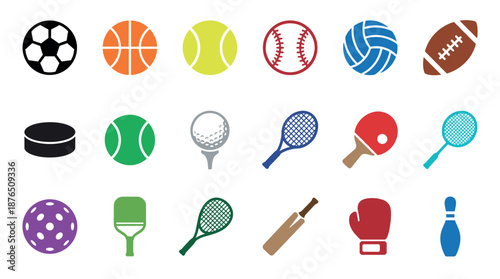 Colorful flat vector icons of sports equipment arranged in a grid, featuring a soccer ball, basketball, baseball, football, tennis racket, boxing glove, and bowling pin