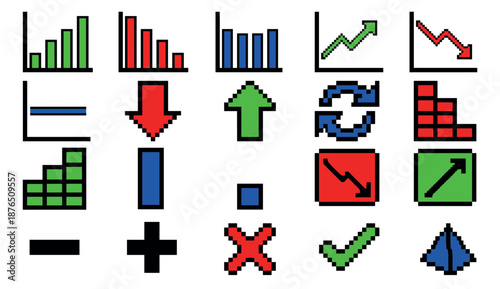 Collection of colorful pixel art icons representing business charts, data graphs, arrows, and user interface elements in a retro 8-bit video game style for financial visualization