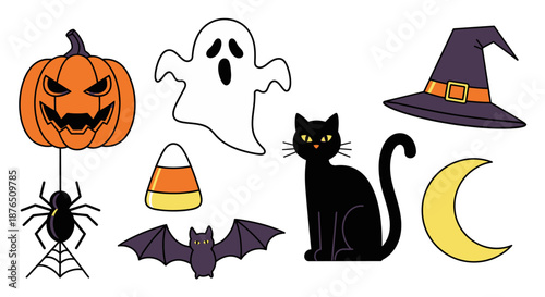 Halloween icons set with jack-o-lantern, ghost, witch hat, candy corn, bat, moon, and spellbook on black background