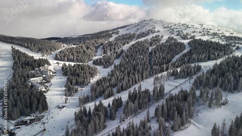 Travel and winter adventure concept. Aerial view of the ski resort. Kopaonik National Park, winter landscape in the mountains, coniferous forest covered with snow