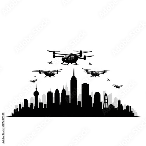 Drones flying over modern city skyline at dusk with skyscrapers