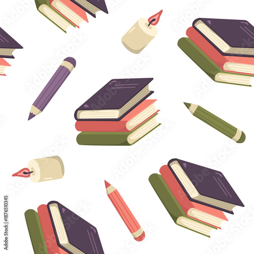 Colored Vector Seamless Pattern with Books Stack, Pencils and Candles. Cozy Decor for Packaging, Wallpaper and Textiles. Illustration for World Book Day.