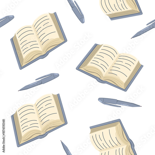 Vector seamless pattern with open books and pens. Cozy decor for packaging, wallpaper and textiles. Concept for World Book and Knowledge Day.