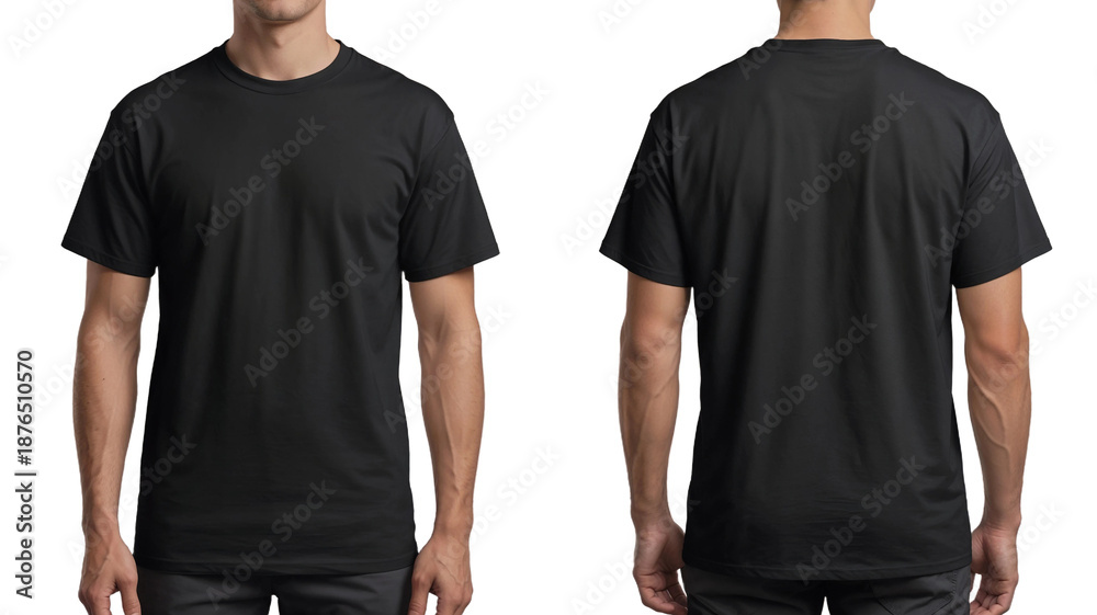 A man wearing a black t-shirt with half sleeves on the front and back sides isolated on transparent background