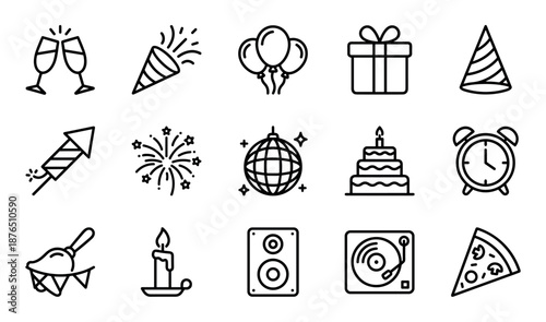 Collection of black celebration outline icons for parties and holidays, including a birthday cake, gift box, fireworks, disco ball, and champagne glasses