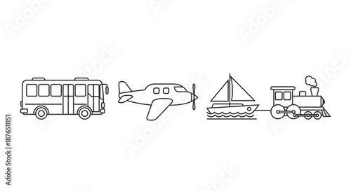 Vector icons of transportation vehicles bus airplane sailboat train isolated on black background