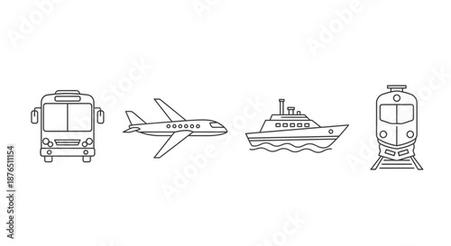 Set of Four Modern Transportation Vehicles Icon Line Art on Black Background