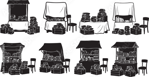 Black and white market stalls with various goods displayed