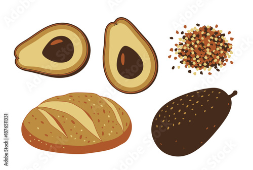 Cross-section of hazelnuts and cocoa beans with chocolate powder on dark background