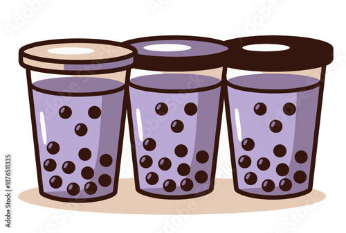 Three iced coffee cups with straws in pastel purple gradient isolated on white background