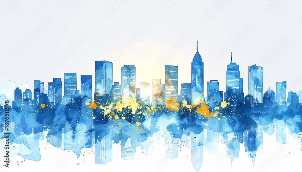 Obraz premium Hand-drawn watercolor cityscape, modern skyline with blue and gold tones, light background, artistic