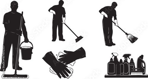 Silhouettes of janitors cleaning with various tools and equipment