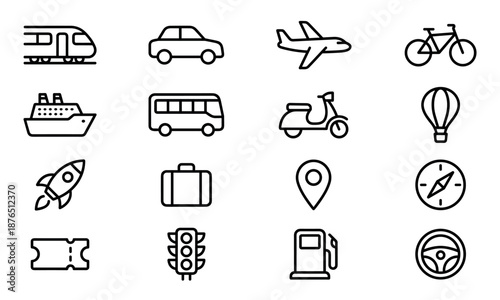 Diverse set of black line art icons for travel and transportation, featuring a train, car, plane, ship, bus, and other related symbols for navigation and journey concepts