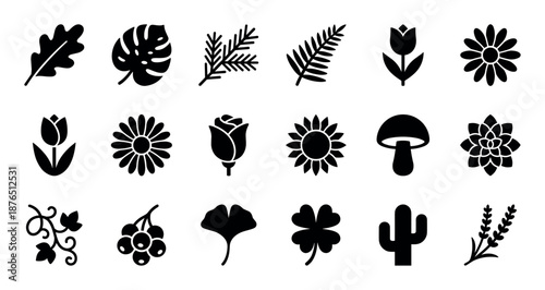 Collection of black botanical glyph icons representing various plants, flowers, and leaves like oak, monstera, rose, and cactus in a minimalist flat silhouette design