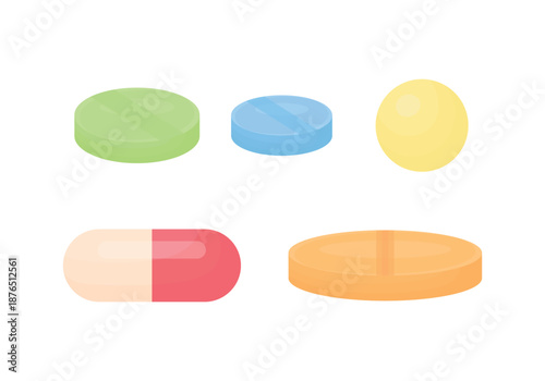 Vector illustration of five different pills shown from side view, isolated on white background. Includes capsules and tablets in various shapes and colors, suitable for medical, healthcare, pharmacy