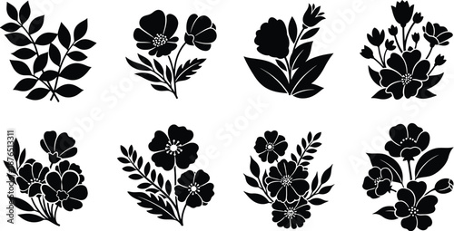 collection of eight black floral designs in silhouette