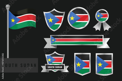 South Sudan flag set. Collection of South Sudan national emblems. Flat design of flags collection