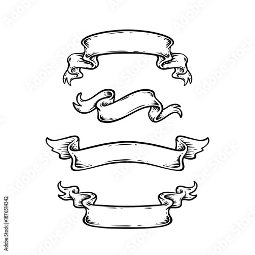collection of vector set of ribbon banners with hand drawn line art illustrations.
