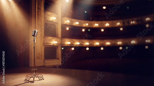 Vintage microphone on theater stage spotlight, microphone ready for awards night or new year gala, dramatic microphone concept with warm bokeh lights, empty auditorium background, copy space