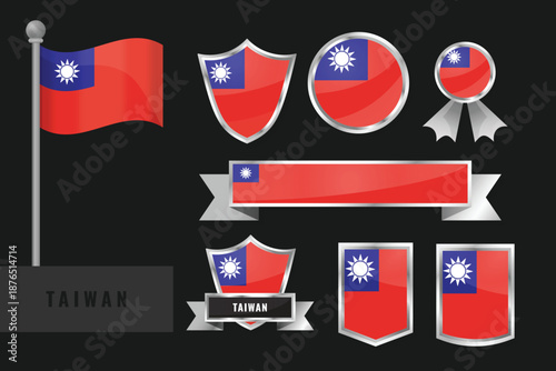 Taiwan flag set. Collection of Taiwan national emblems. Flat design of flags collection