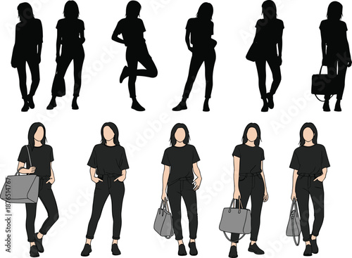 Female fashion silhouettes and casual outfit illustration set, women standing poses with handbags, black and colored vector artwork isolated on white background style design