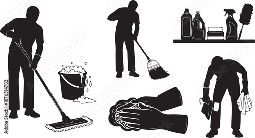 Silhouette of a man cleaning with various tools and supplies