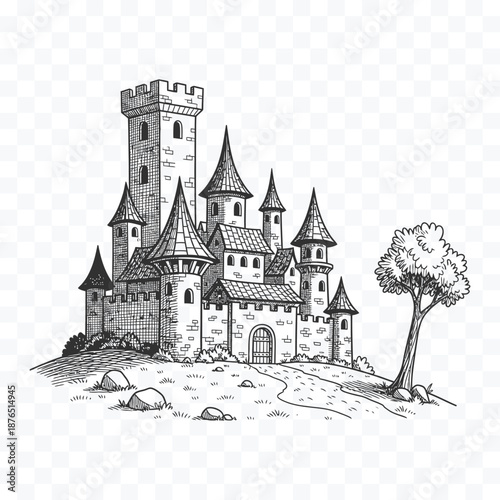 Black and white sketch of a medieval castle with multiple towers and a single tree on a hill