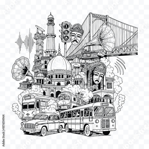 Black and white sketch of Indian city landmarks vehicles and cultural elements urban drawing