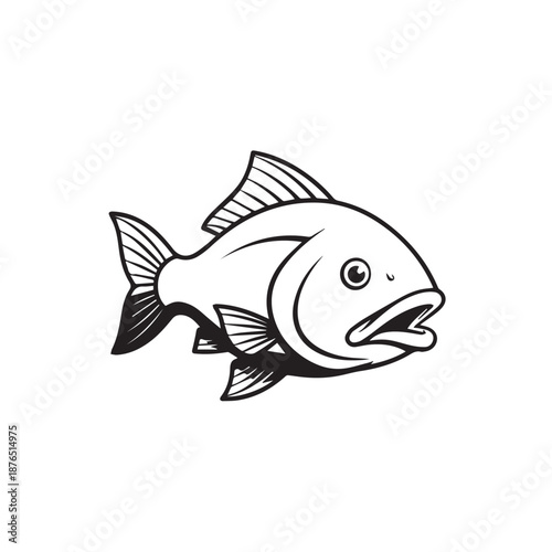 Stylized line drawing of a fish in profile with fins and open mouth.