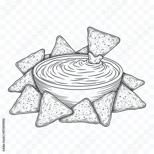 Black and white sketch of tortilla chips surrounding a bowl of dip with one chip dipping in nachos