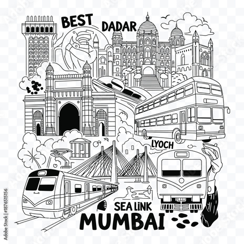 Mumbai landmarks and transportation including Gateway of India double decker bus and trains vector