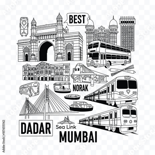 Mumbai landmarks and transportation icons including Gateway of India double decker bus train and sea link