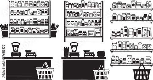Supermarket shopping illustration with shelves and shopping baskets
