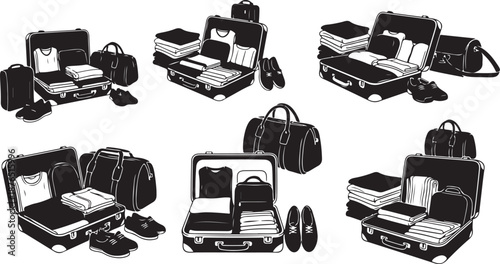 Packing luggage for travel with various suitcase arrangements shown