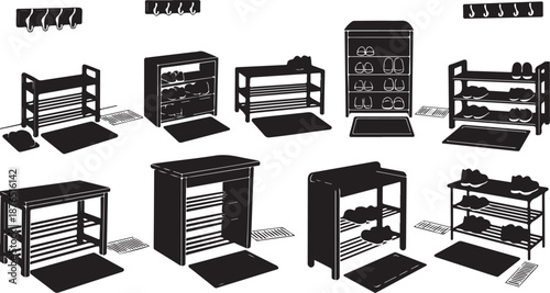 Various black shelving units and storage furniture designs