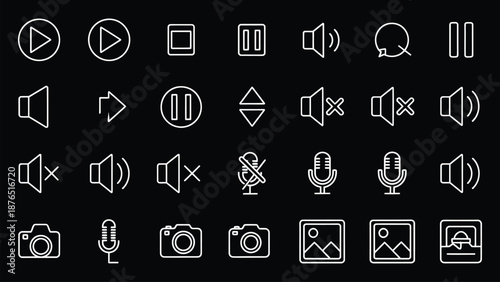 Set of 30 White Outline Multimedia Player Interface Icons Vector