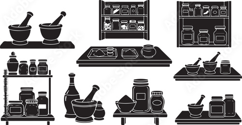 Black and white kitchen utensils and appliances illustration set